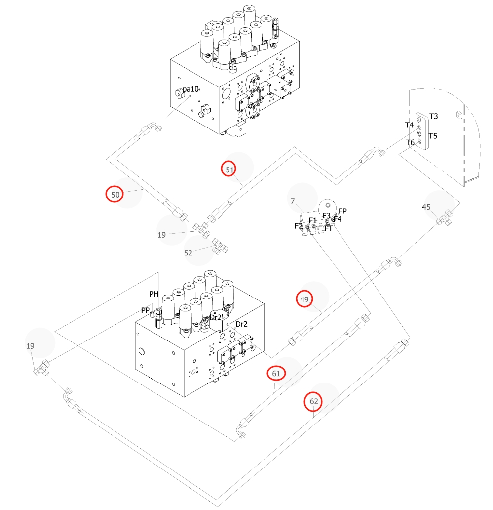 Sunward SWE365F installation diagram showing hydraulic hose 730502009585 at Pipe No. 62