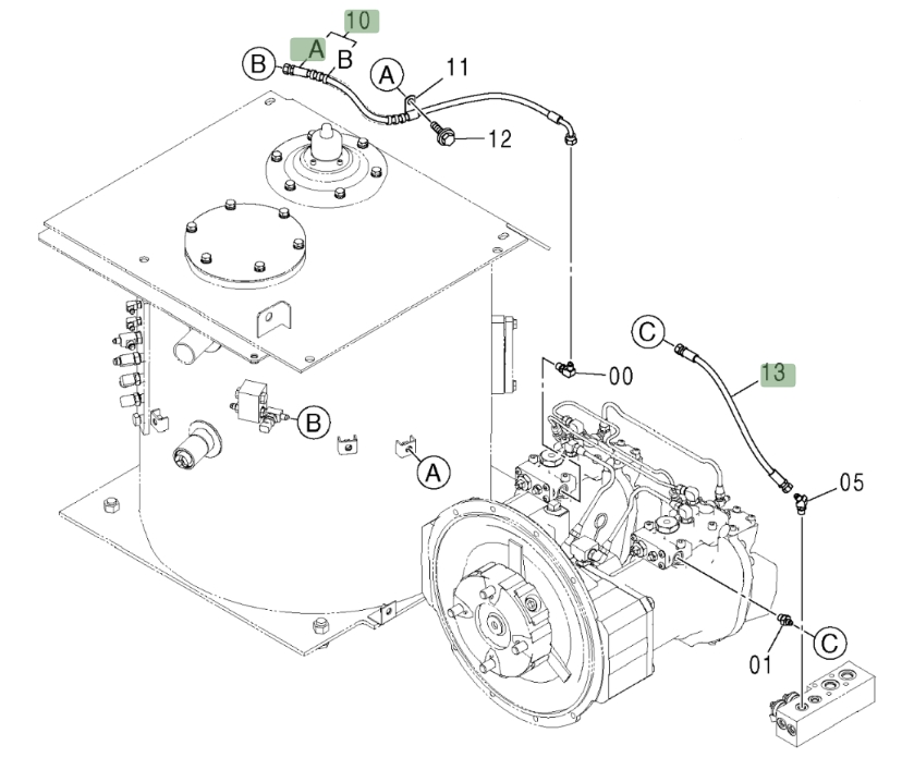 Hitachi ZX370 installation diagram showing hydraulic hose 4442331 at Pipe No. 13