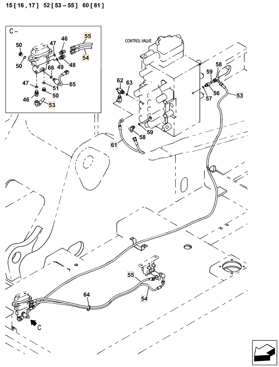 Case CX380C-8 LC installation diagram showing hydraulic hose KHJ2092 at Pipe No. 54