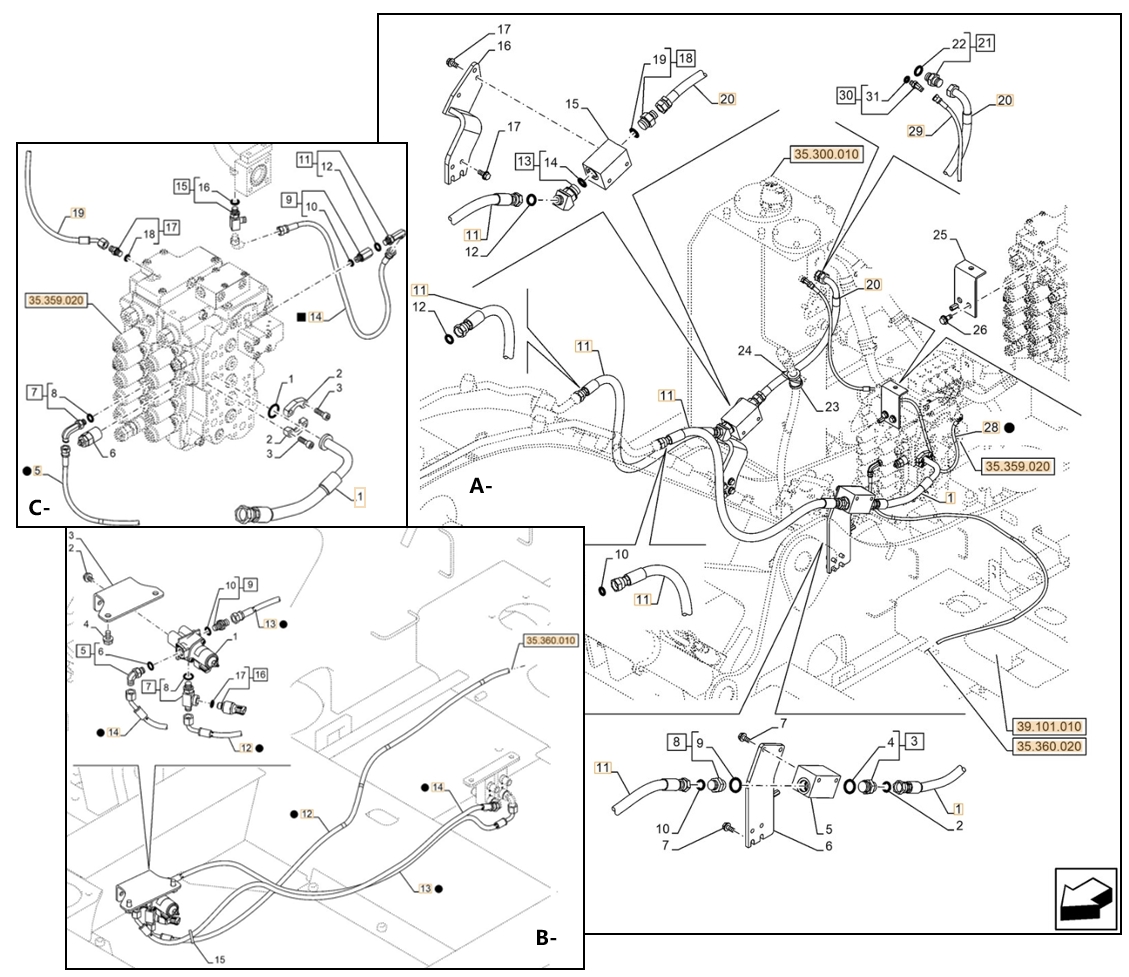 Case CX130E LC installation diagram showing hydraulic hose KRJ32660 at Pipe No. A20