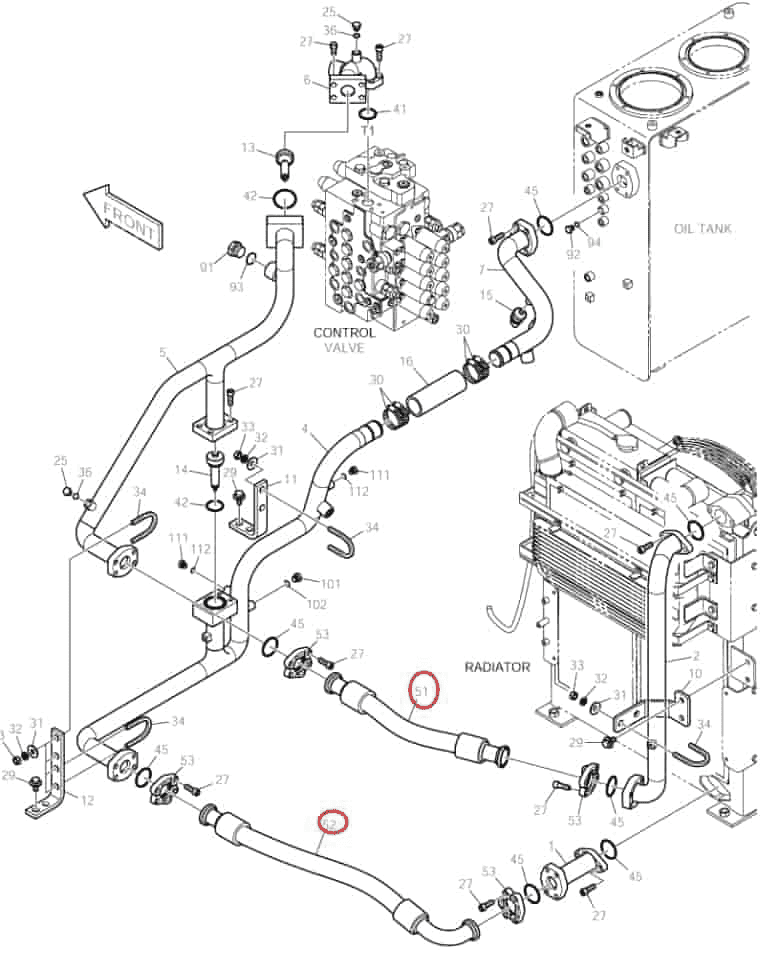Doosan DX160LC installation diagram showing hydraulic hose DS2038221 at Pipe No. 51