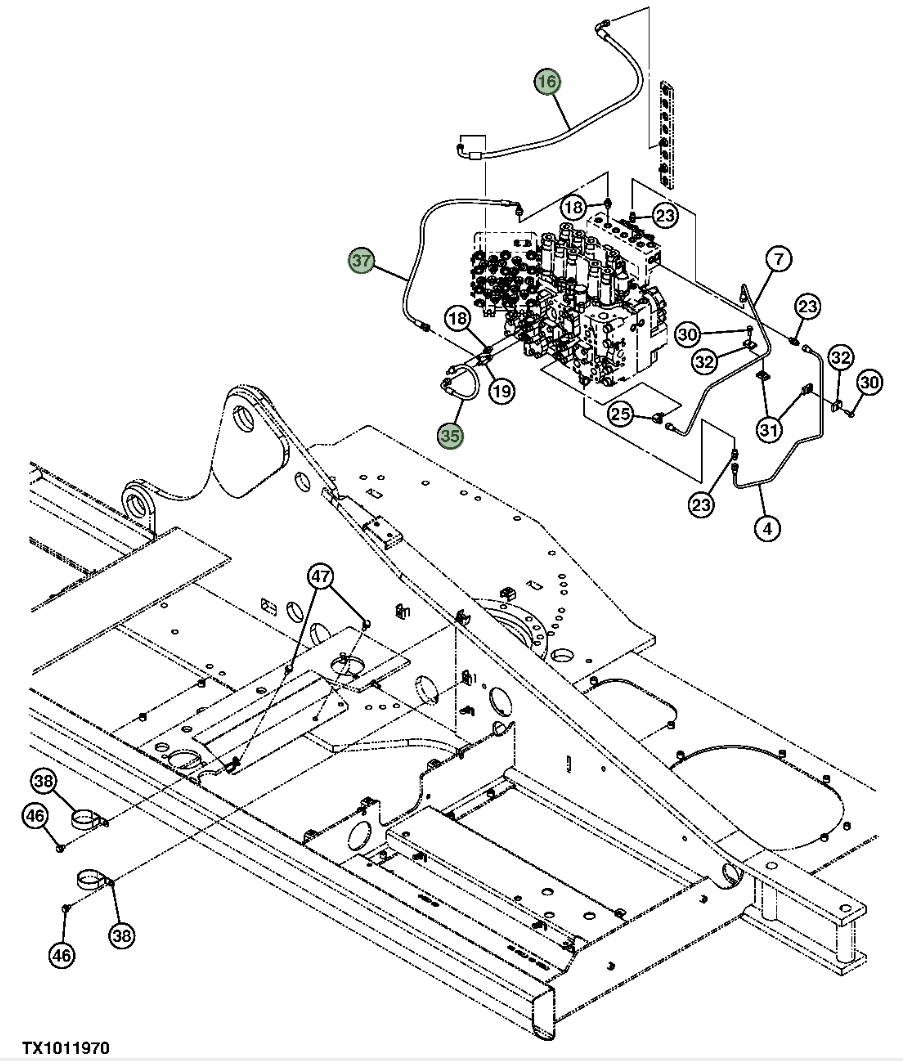 Hitachi ZX200LC-3 installation diagram showing hydraulic hose 4427351 at Pipe No. 35