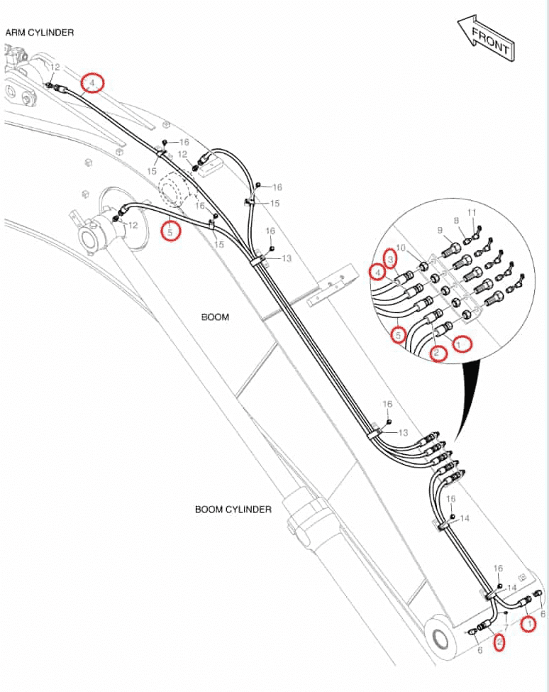 Doosan DX140LCR-5 installation diagram showing hydraulic hose 2184-1045D71 at Pipe No. 3