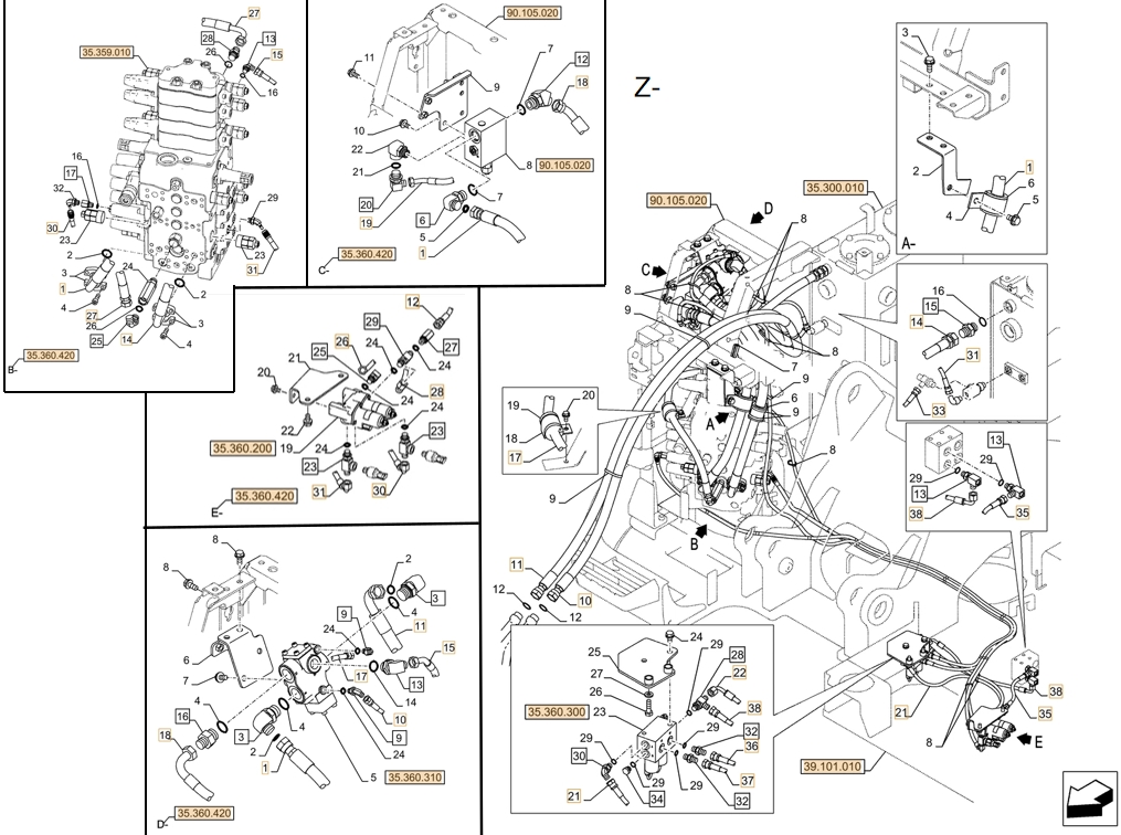 Case CX145D SR 2PB installation diagram showing hydraulic hose KHJ2255 at Pipe No. Z37-B15