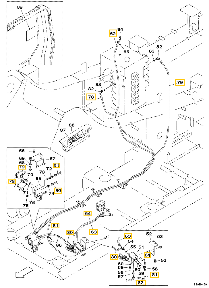 Case CX470B installation diagram showing hydraulic hose KHJ2048 at Pipe No. 64