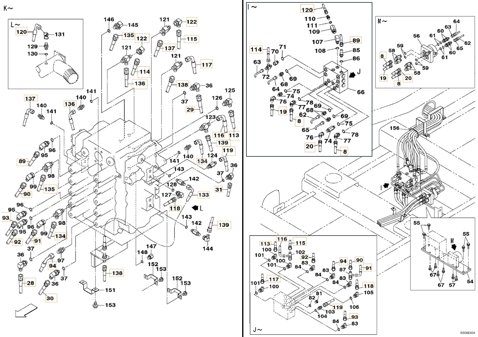Case CX700B installation diagram showing hydraulic hose 152264A1 at Pipe No. 118