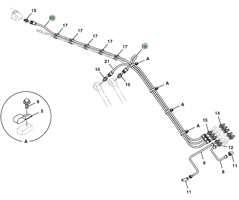 Hitachi ZX210LC-5N installation diagram showing hydraulic hose 4329595 at Pipe No. 19