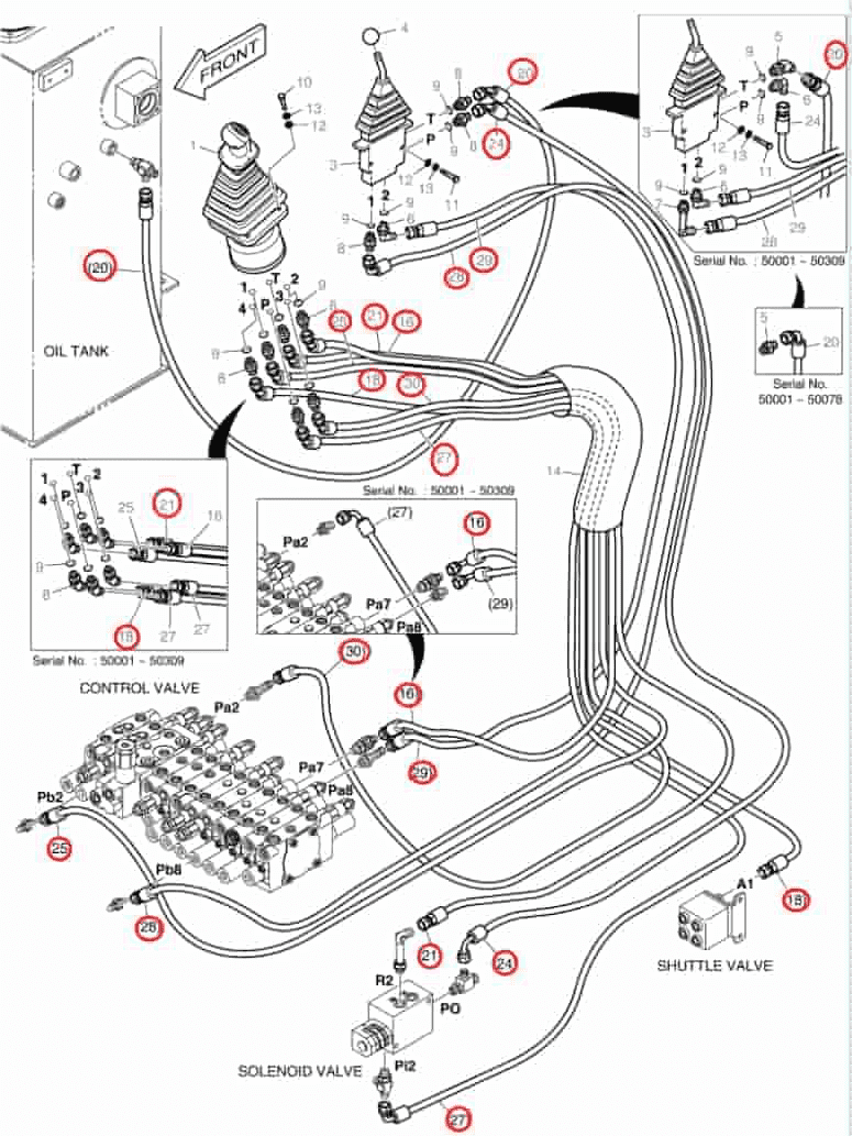Doosan DX55 installation diagram showing hydraulic hose DS2094051 at Pipe No. 20