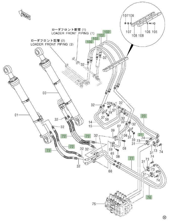 Hitachi ZX450LC installation diagram showing hydraulic hose 4259804 at Pipe No. 102