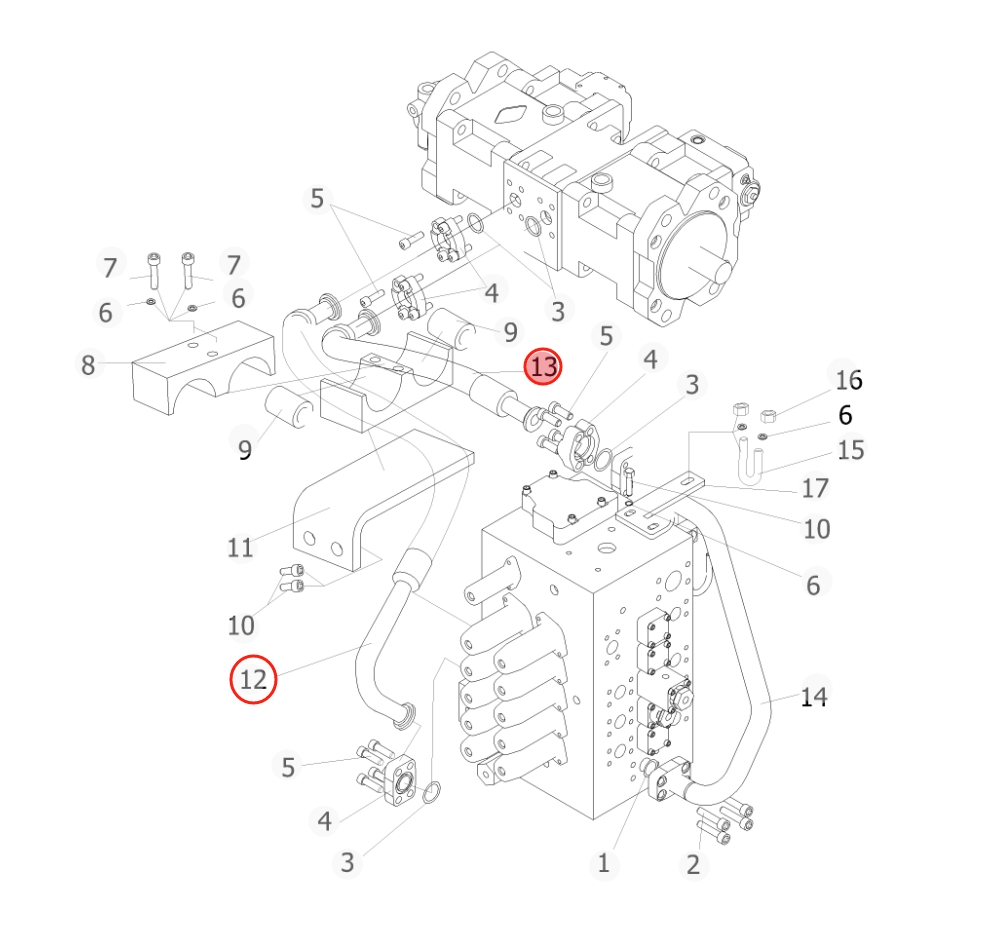 Sunward SWE215F-5 installation diagram showing hydraulic hose 73050200B196 at Pipe No. 12