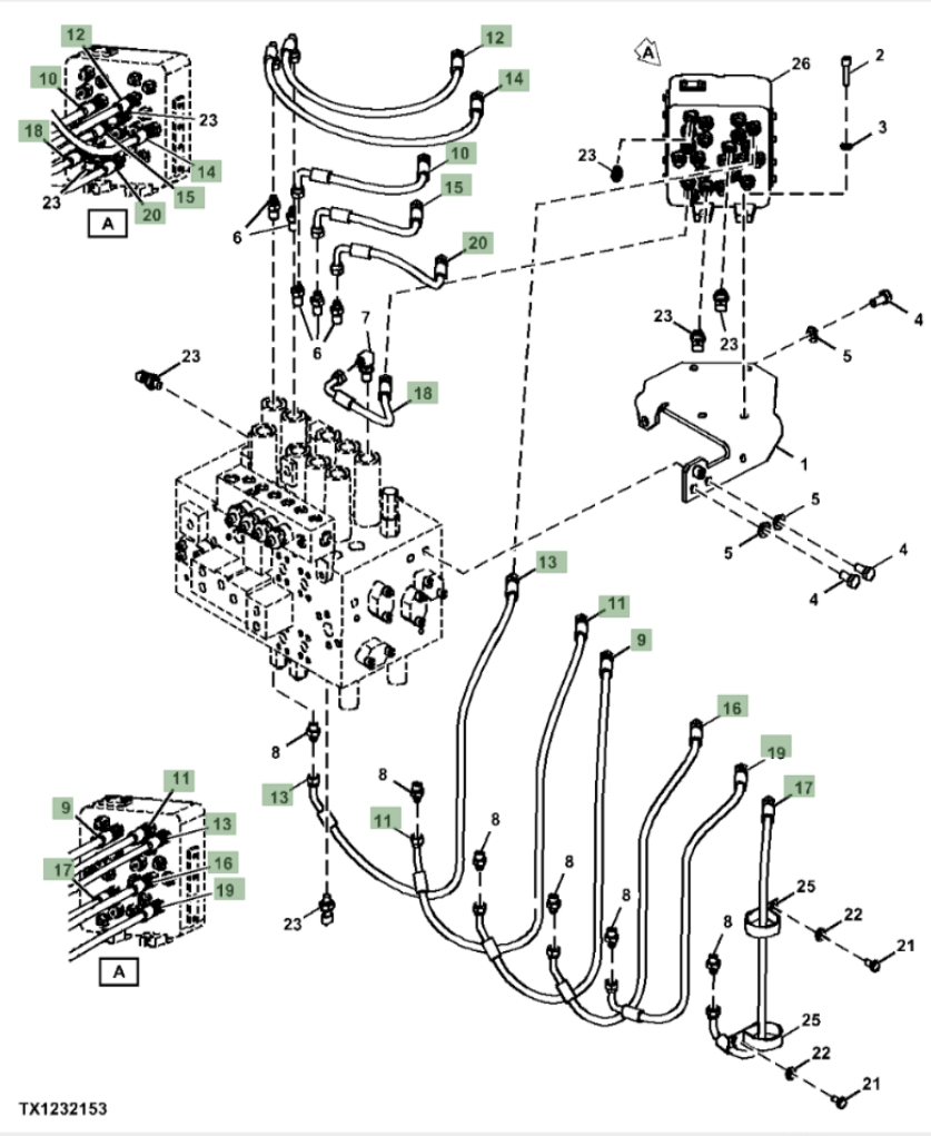 Hitachi ZX210F-LL-6N installation diagram showing hydraulic hose 4630937 at Pipe No. 19