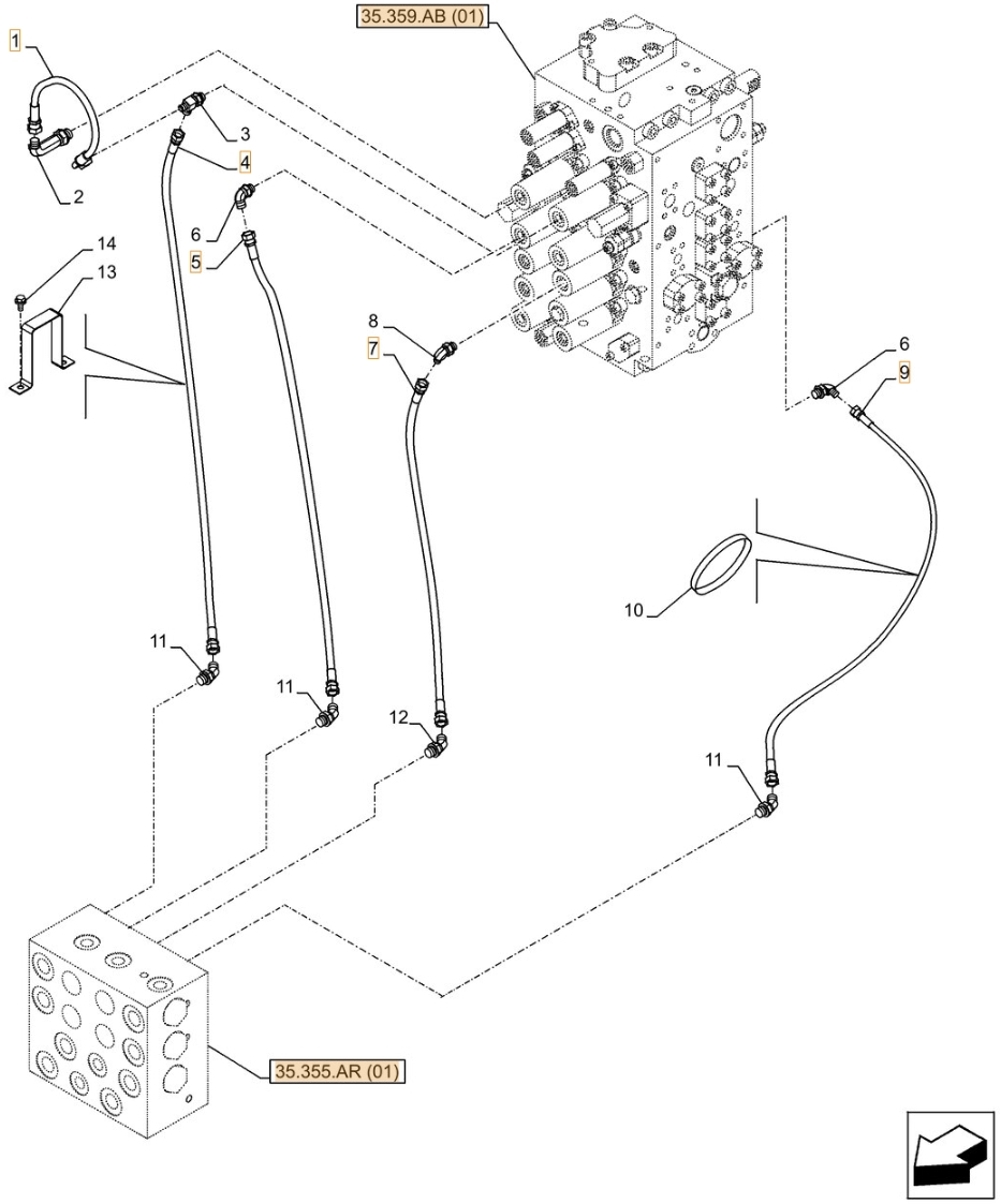 Case CX300D LC installation diagram showing hydraulic hose KHJ2068 at Pipe No. 7