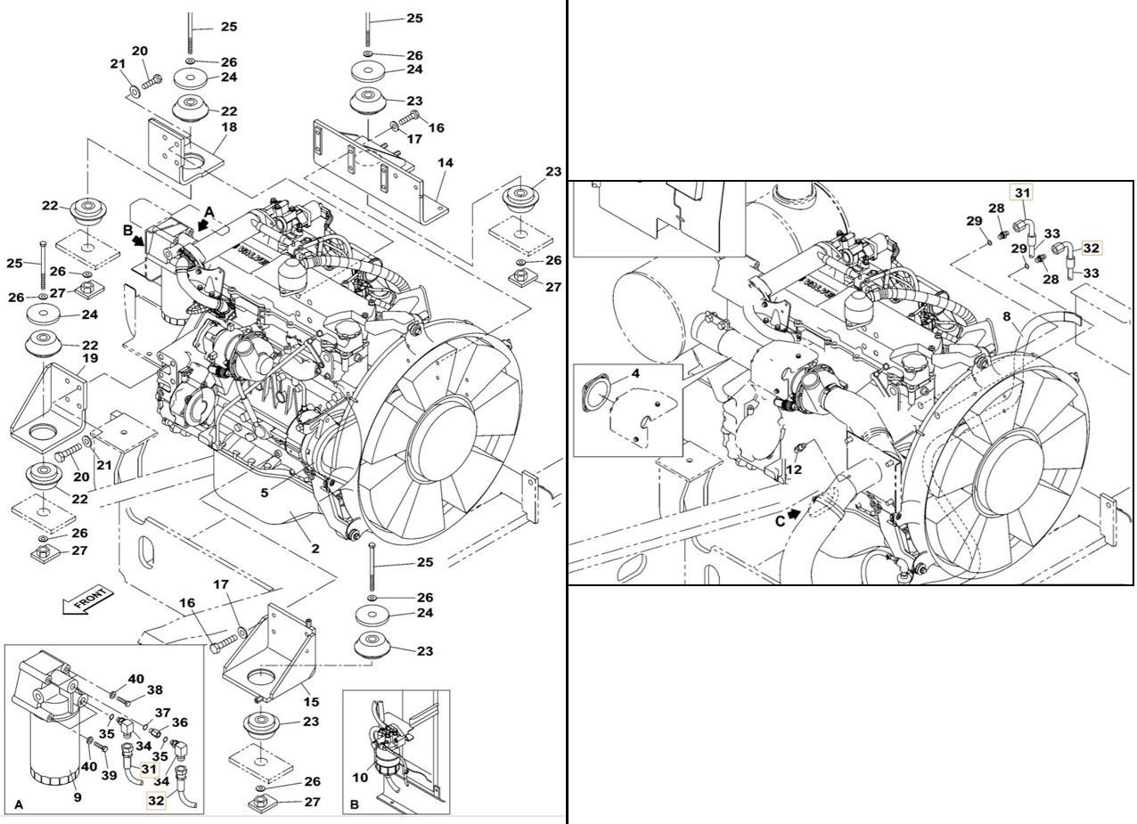 Case CX300B installation diagram showing hydraulic hose KBH10590 at Pipe No. 32