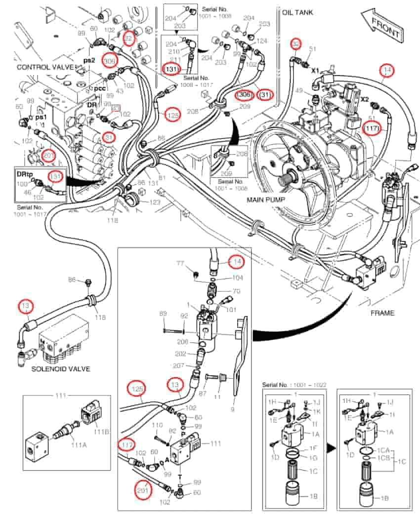Doosan DX140W-3 installation diagram showing hydraulic hose DS2119068 at Pipe No. 201
