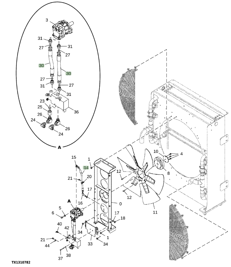 Hitachi EX1200-7 installation diagram showing hydraulic hose 4640837 at Pipe No. 14