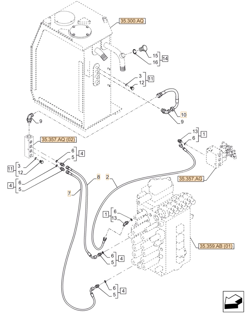 Case CX370D LC installation diagram showing hydraulic hose KHJ2093 at Pipe No. 7