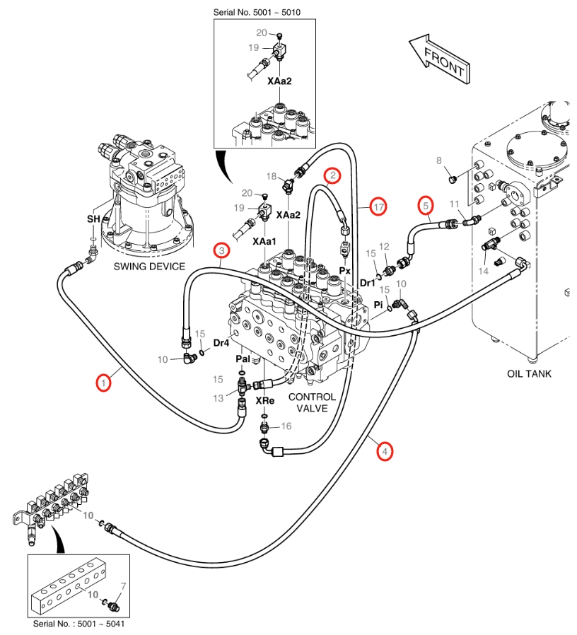 Doosan DX140W installation diagram showing hydraulic hose DS2093158 at Pipe No. 3