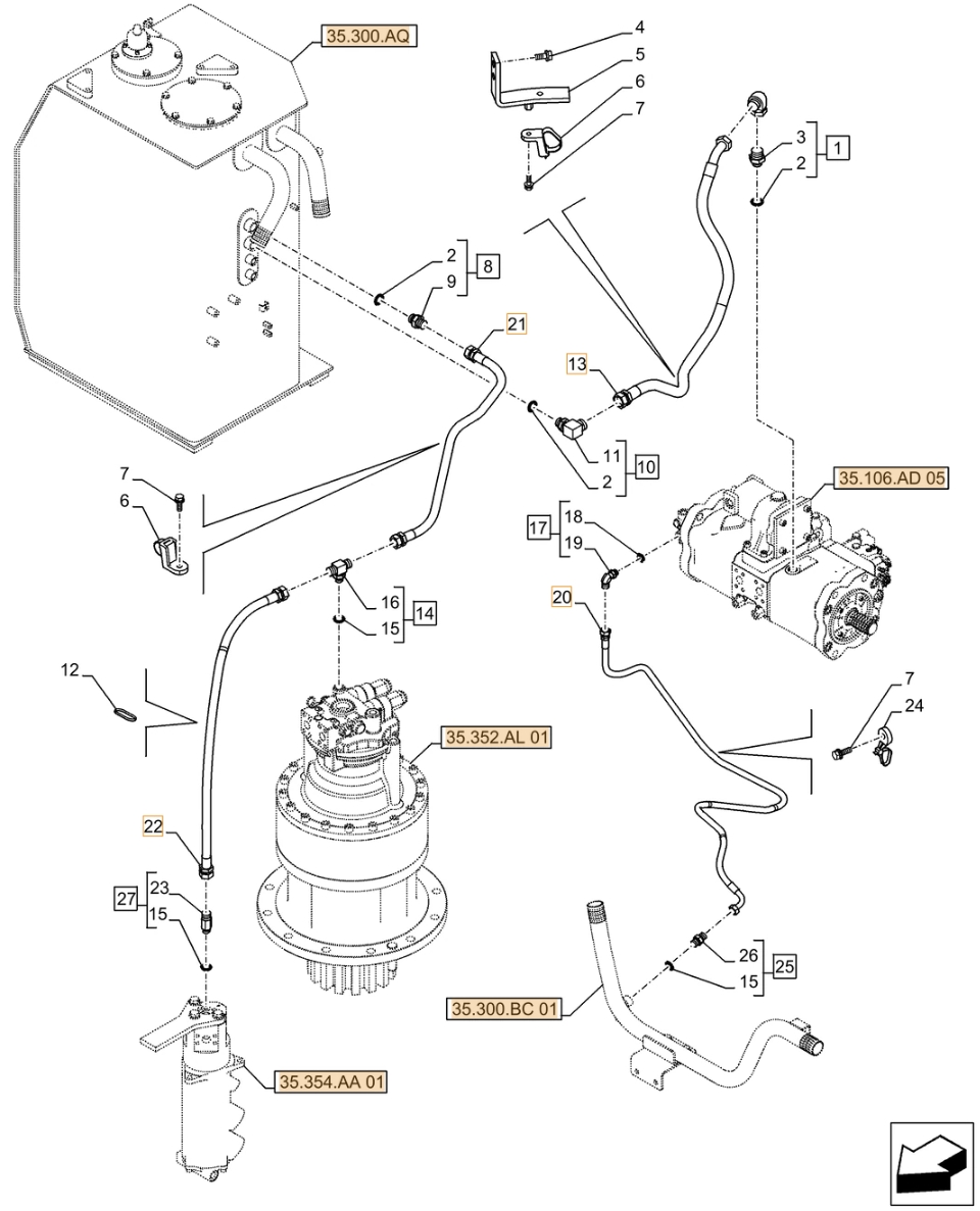 Case CX490D RTC installation diagram showing hydraulic hose KTJ12080 at Pipe No. 22