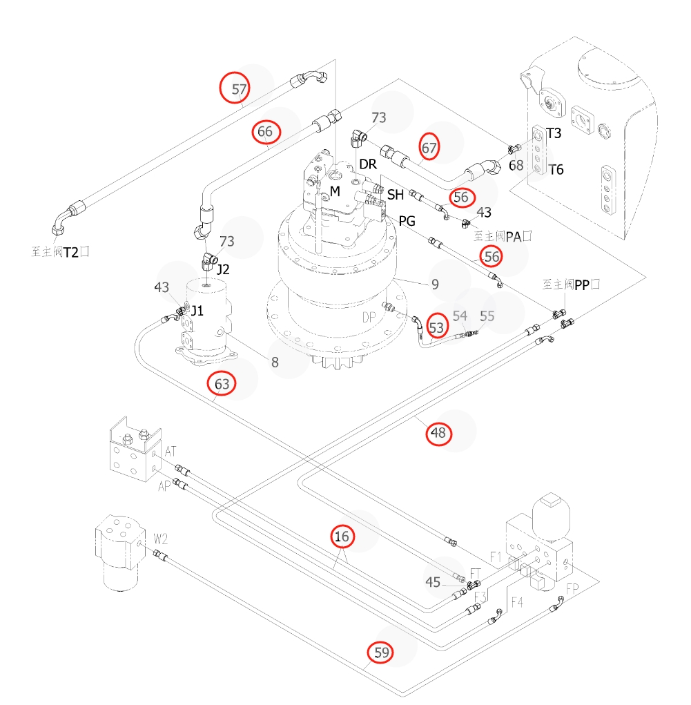 Sunward SWE365F installation diagram showing hydraulic hose 730502005801 at Pipe No. 59