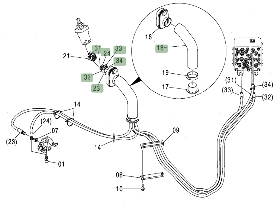 Hitachi ZX160LC installation diagram showing hydraulic hose 4443896 at Pipe No. 34