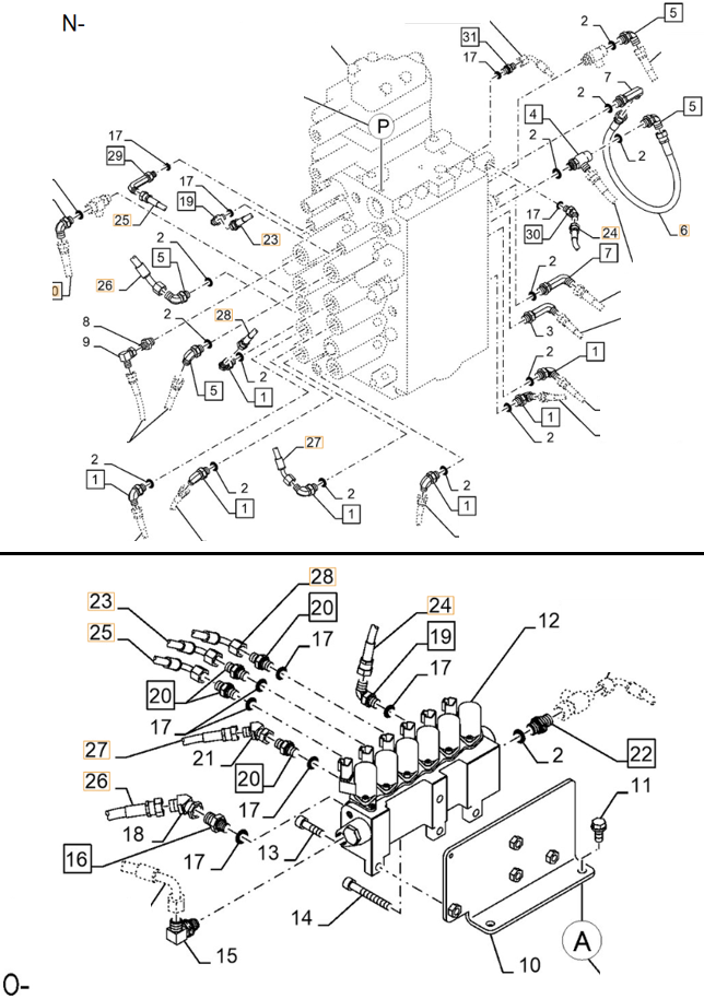 Case CX290D LC MH installation diagram showing hydraulic hose KHJ2194 at Pipe No. N25-O25