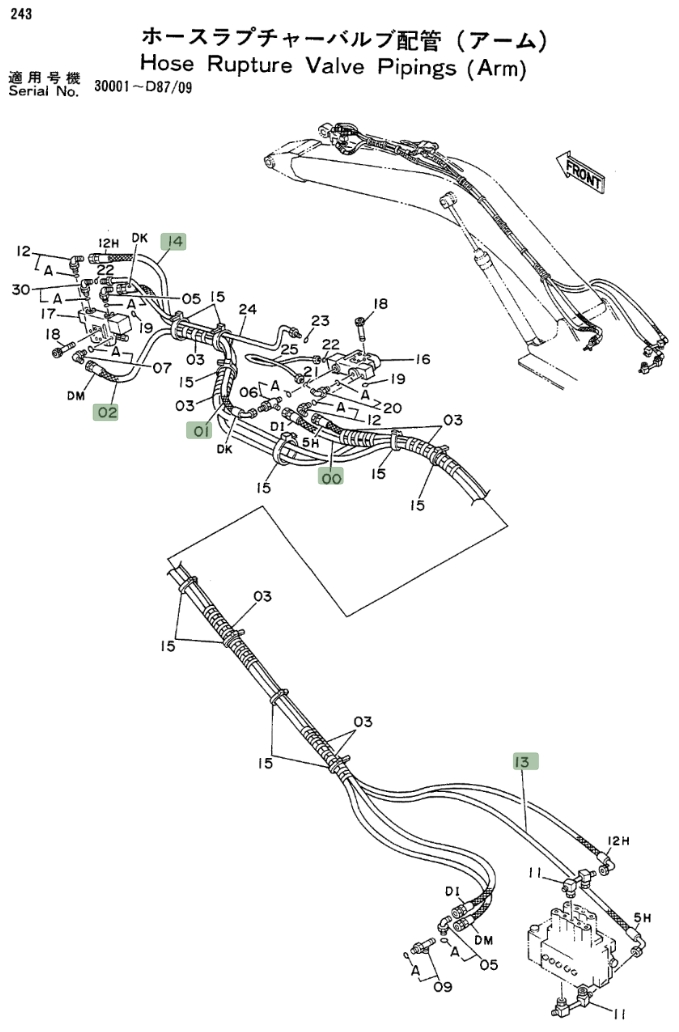 Hitachi EX200LC installation diagram showing hydraulic hose 4225412 at Pipe No. 13