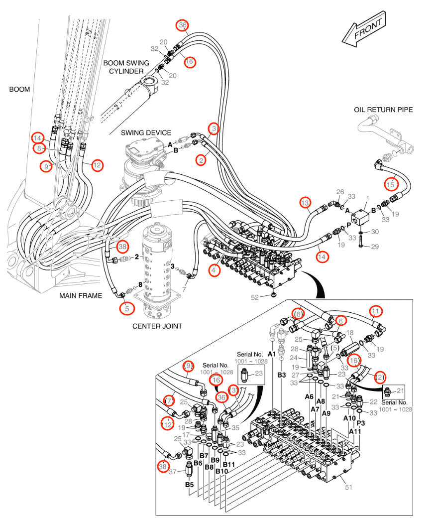 Doosan DX57W-5 installation diagram showing hydraulic hose DS2055643 at Pipe No. 15