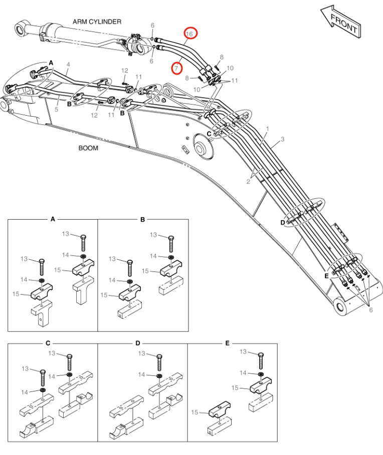 Doosan DX140LC-3 installation diagram showing hydraulic hose DS2016252 at Pipe No. 7