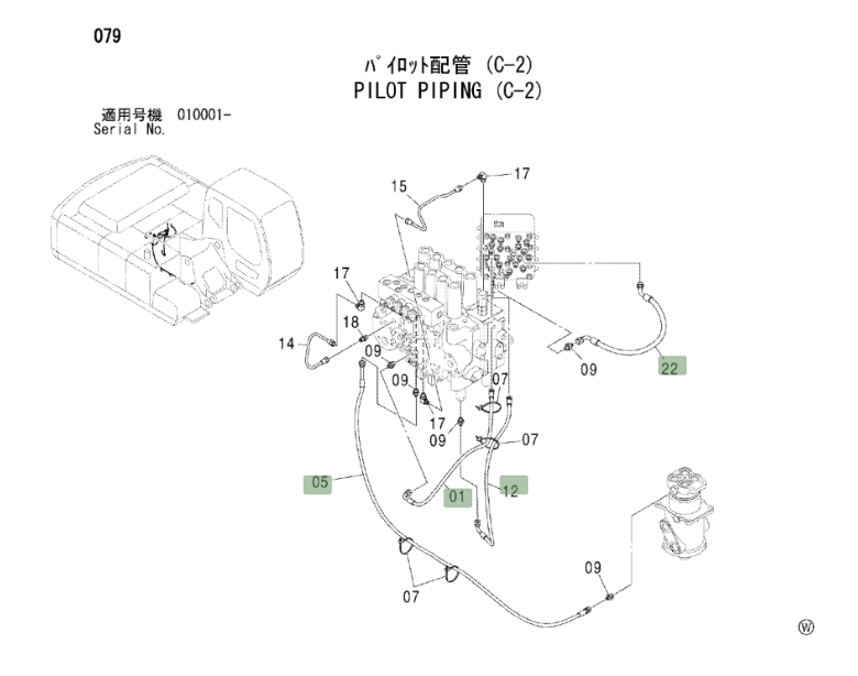 Hitachi ZX240 installation diagram showing hydraulic hose 4437938 at Pipe No. 5