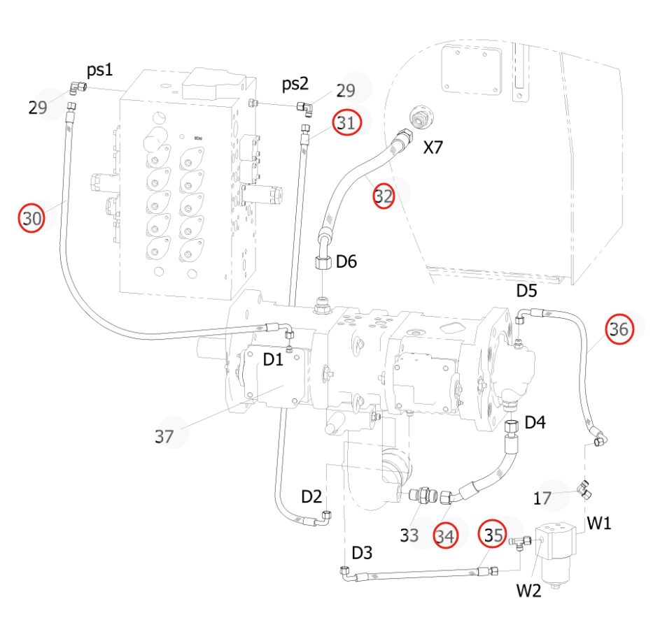Sunward SWE215E-3H installation diagram showing hydraulic hose 730502002465 at Pipe No. 31