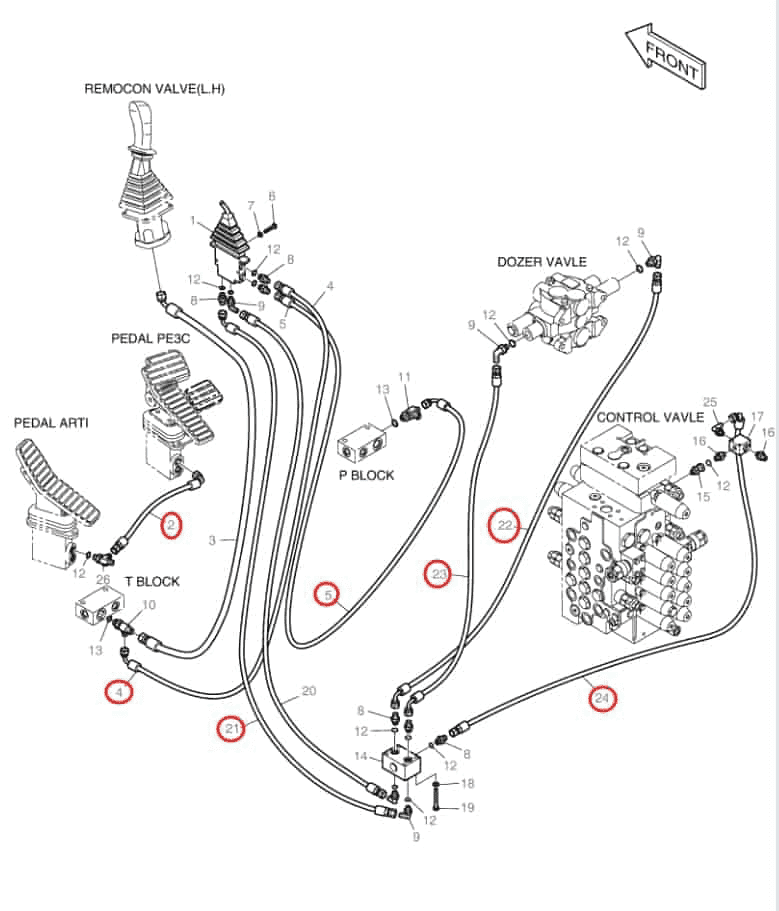 Doosan DX140LC installation diagram showing hydraulic hose DS2093101 at Pipe No. 5