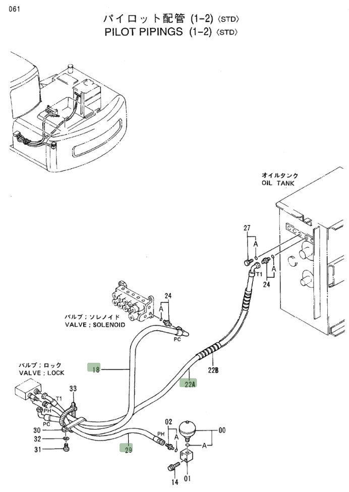 Hitachi EX100M-3 installation diagram showing hydraulic hose 4285684 at Pipe No. 29