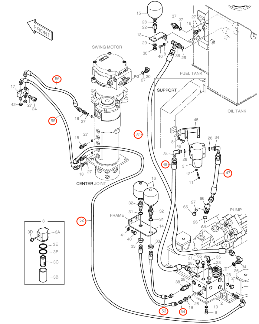 Doosan B55W-2 installation diagram showing hydraulic hose DS2054444 at Pipe No. 47