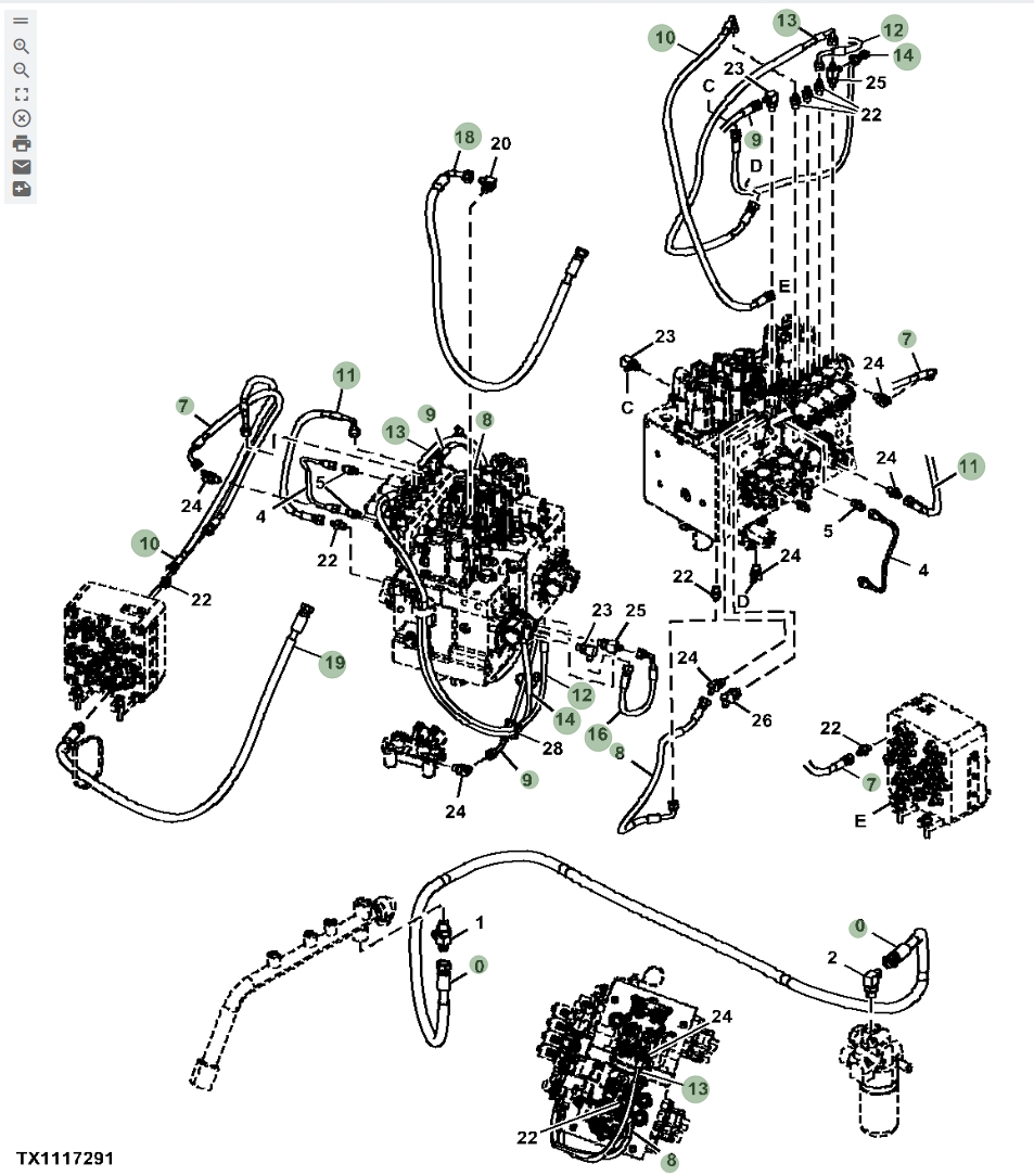 Hitachi ZX135US-5N installation diagram showing hydraulic hose 4644151 at Pipe No. 19