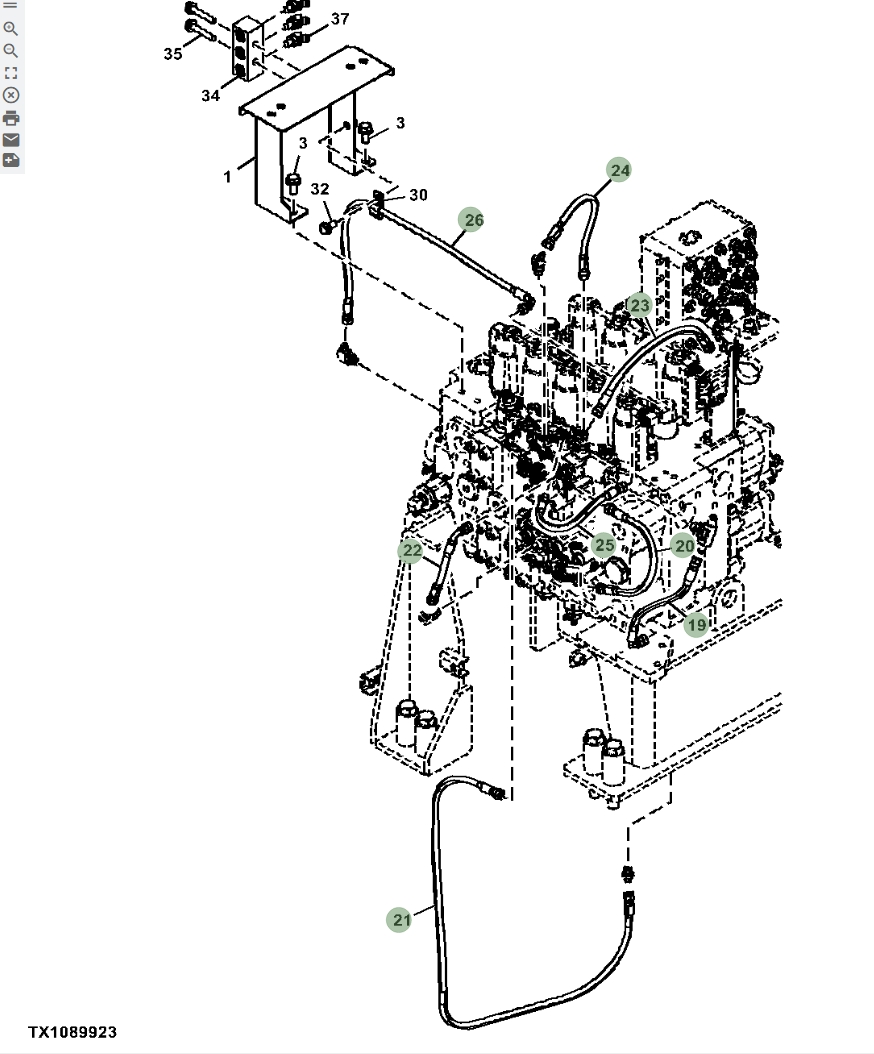 Hitachi ZX670LC-5B installation diagram showing hydraulic hose 4713502 at Pipe No. 21