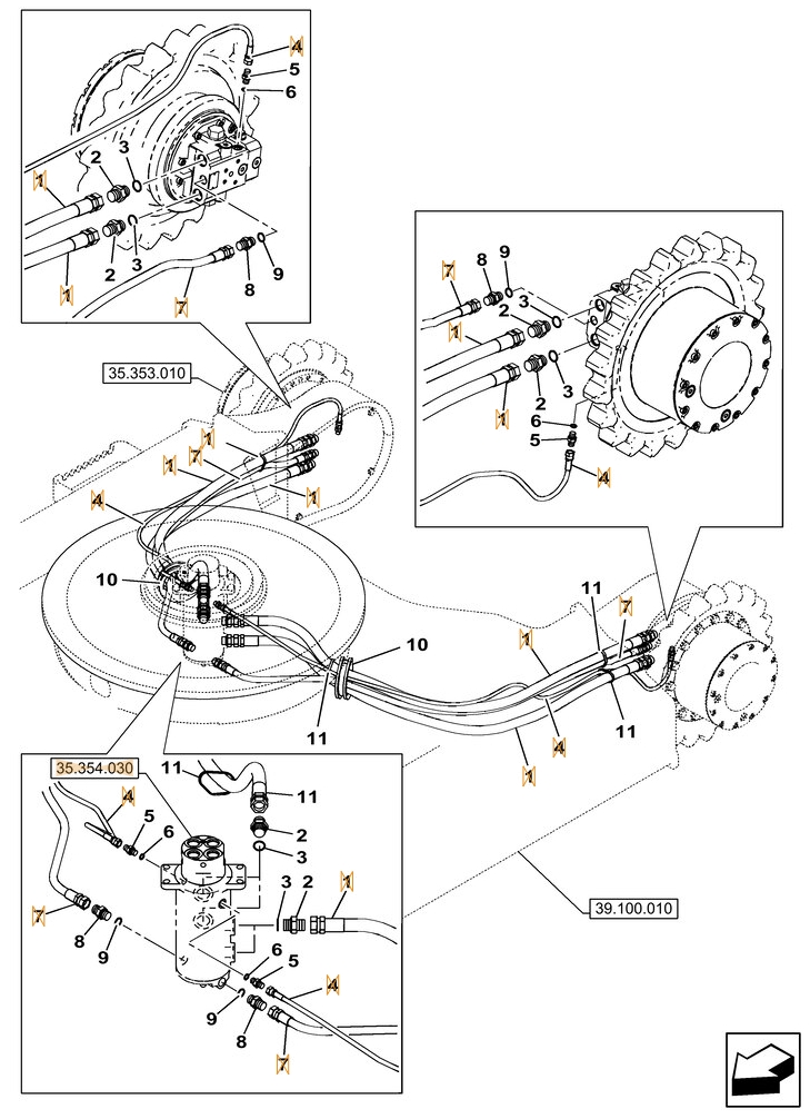 Case CX145C SR installation diagram showing hydraulic hose 152709A1 at Pipe No. 4