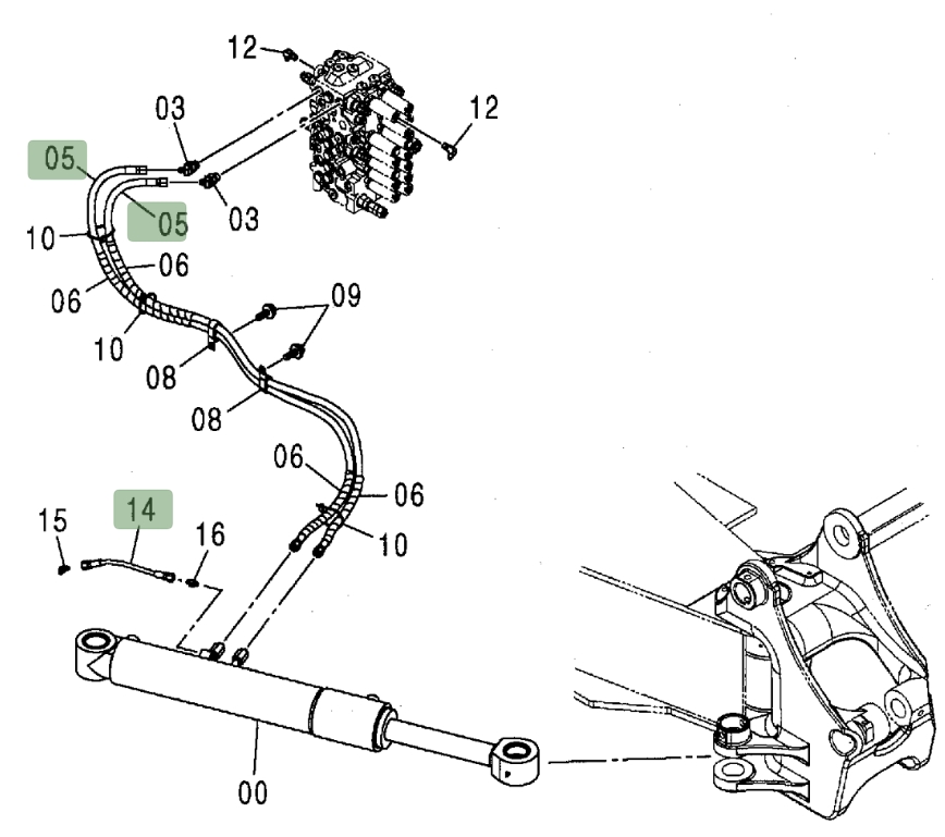 Hitachi ZX80 installation diagram showing hydraulic hose 4607039 at Pipe No. 5