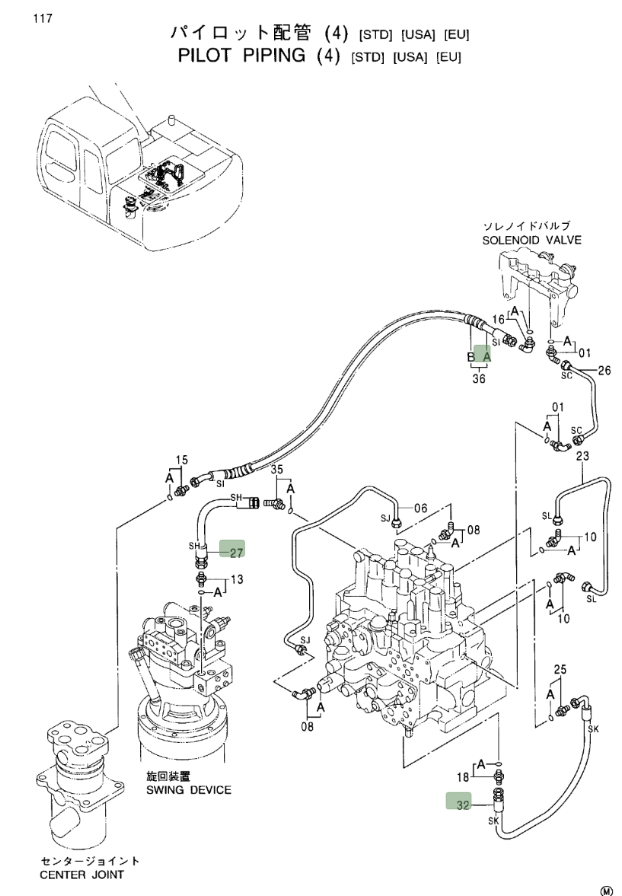 Hitachi EX100M-5 installation diagram showing hydraulic hose 4312101 at Pipe No. 27