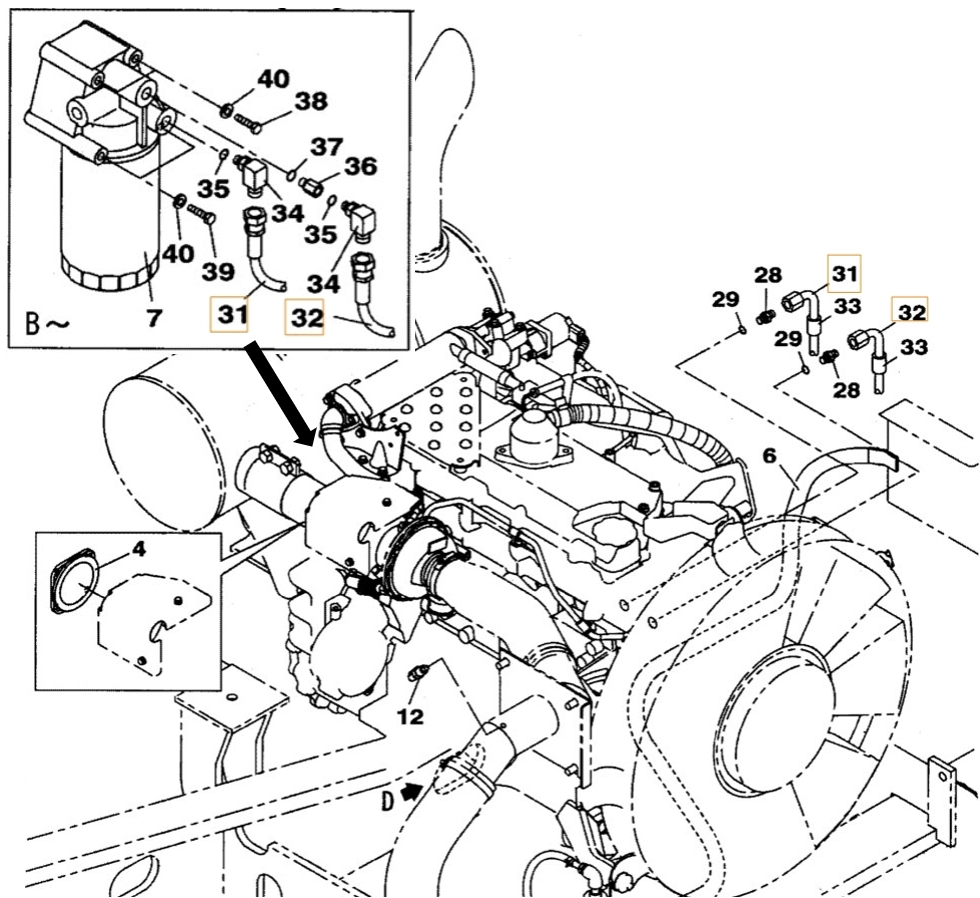 Case CX210BLR installation diagram showing hydraulic hose KRH10330 at Pipe No. 32