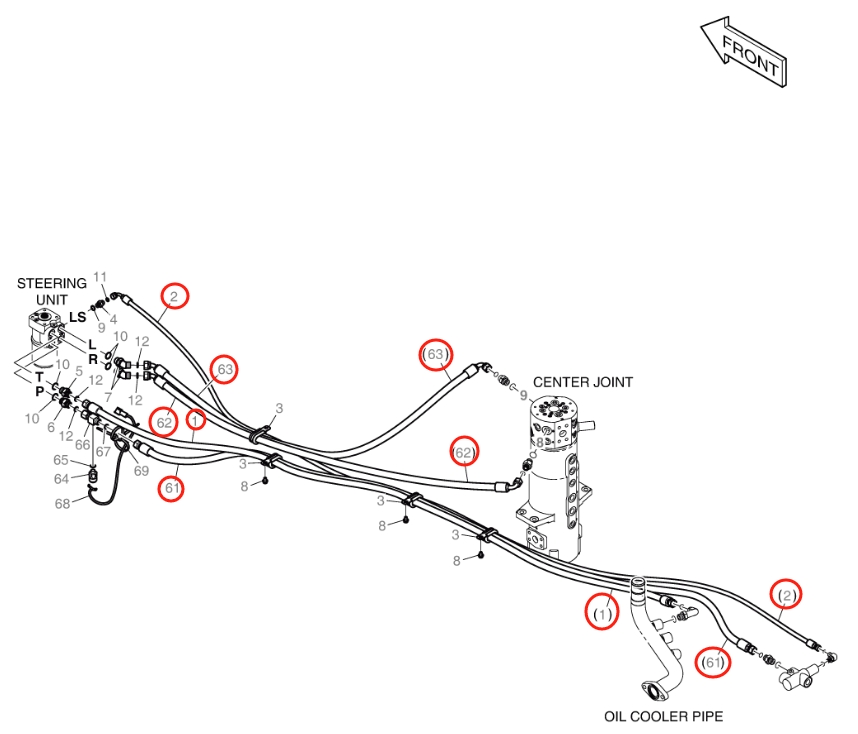 Doosan DX140W-5 installation diagram showing hydraulic hose DS20111708 at Pipe No. 1