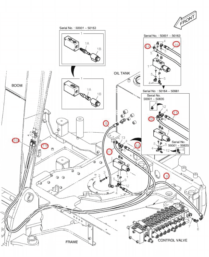 Doosan DX80R installation diagram showing hydraulic hose DS2092214 at Pipe No. 11