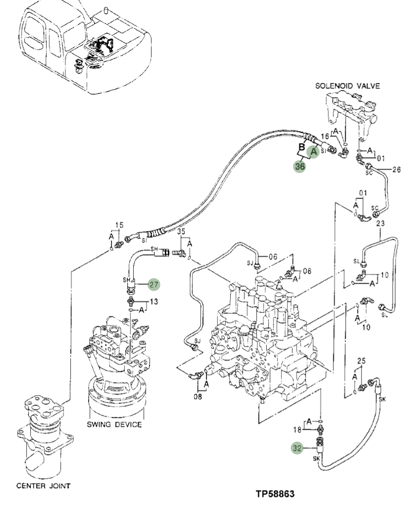 Hitachi EX110-5 installation diagram showing hydraulic hose 4312101 at Pipe No. 27