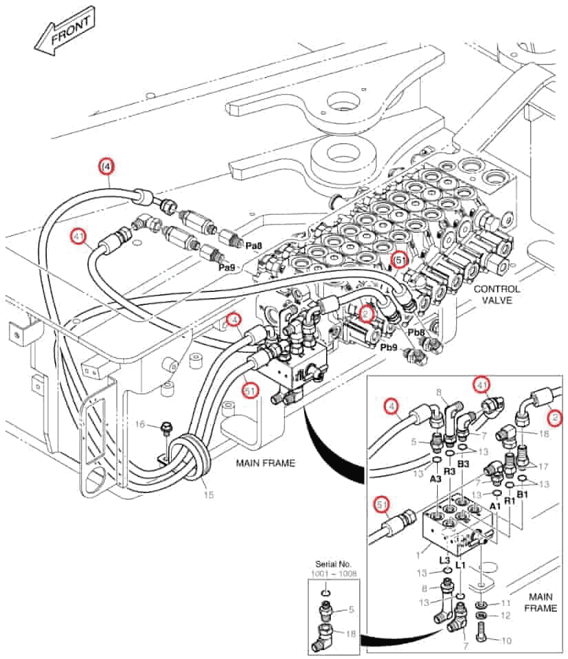 Doosan DX63-3 installation diagram showing hydraulic hose DS2094282 at Pipe No. 51