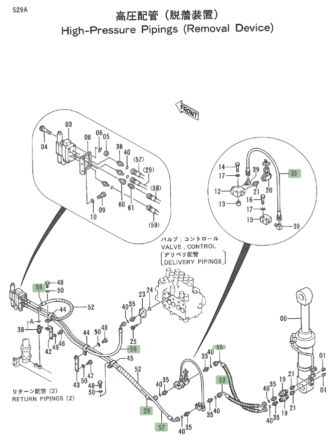 Hitachi EX700 installation diagram showing hydraulic hose 4277895 at Pipe No. 58