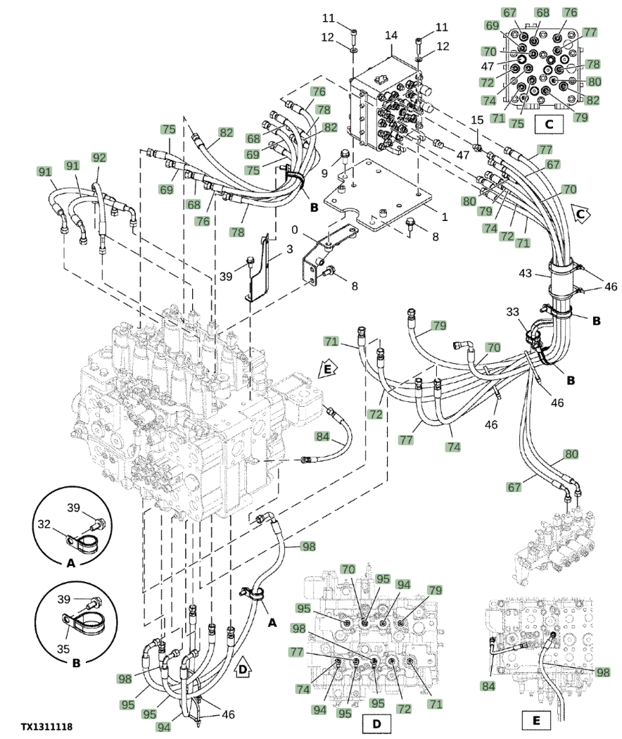 Hitachi EX1200-7 installation diagram showing hydraulic hose 4701767 at Pipe No. 70