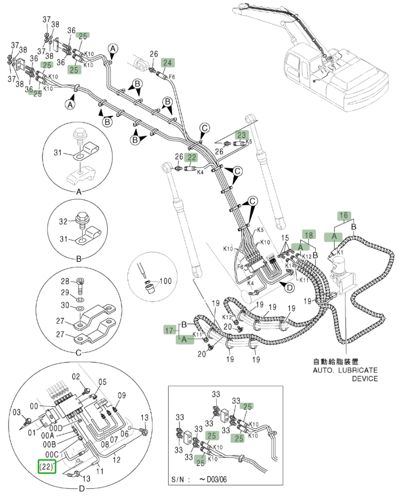 Hitachi ZX370 installation diagram showing hydraulic hose 4407364 at Pipe No. 23