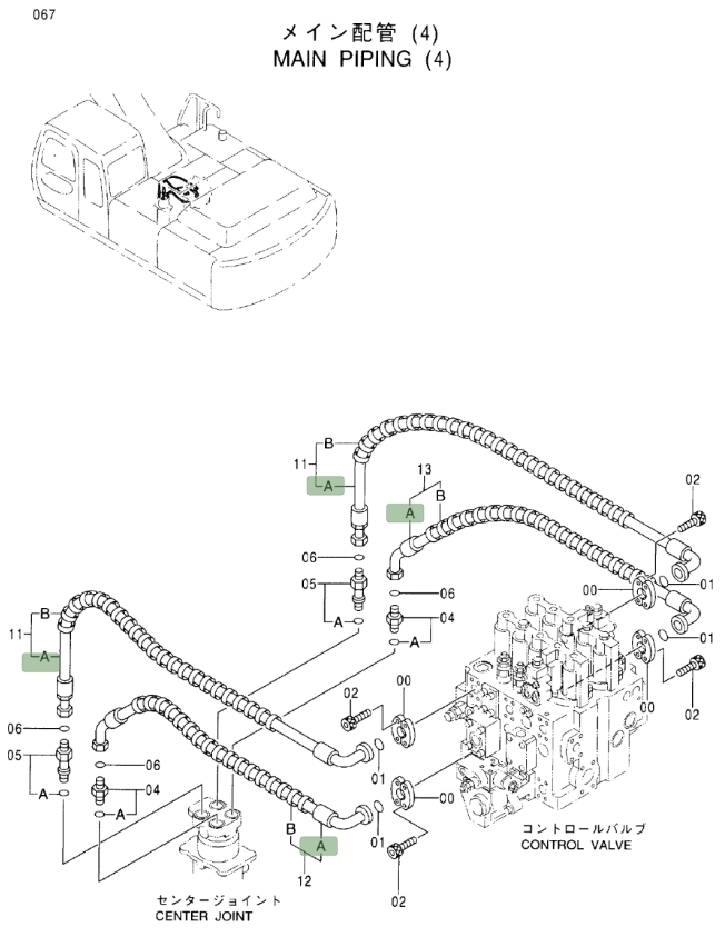 Hitachi EX330LC-5 installation diagram showing hydraulic hose 9163647 at Pipe No. 11