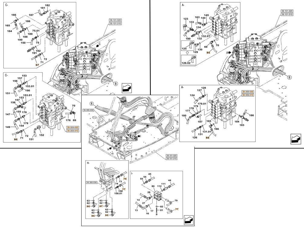 Case CX145C SR installation diagram showing hydraulic hose KHJ2084 at Pipe No. 77