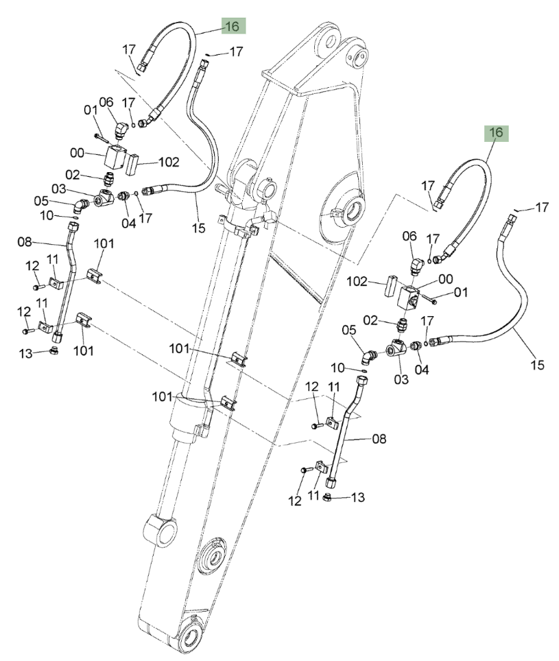 Hitachi ZX210W-3 installation diagram showing hydraulic hose 4644709 at Pipe No. 15