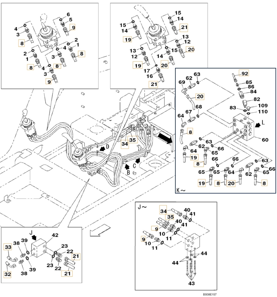 Case CX350B installation diagram showing hydraulic hose 159217A1 at Pipe No. 19